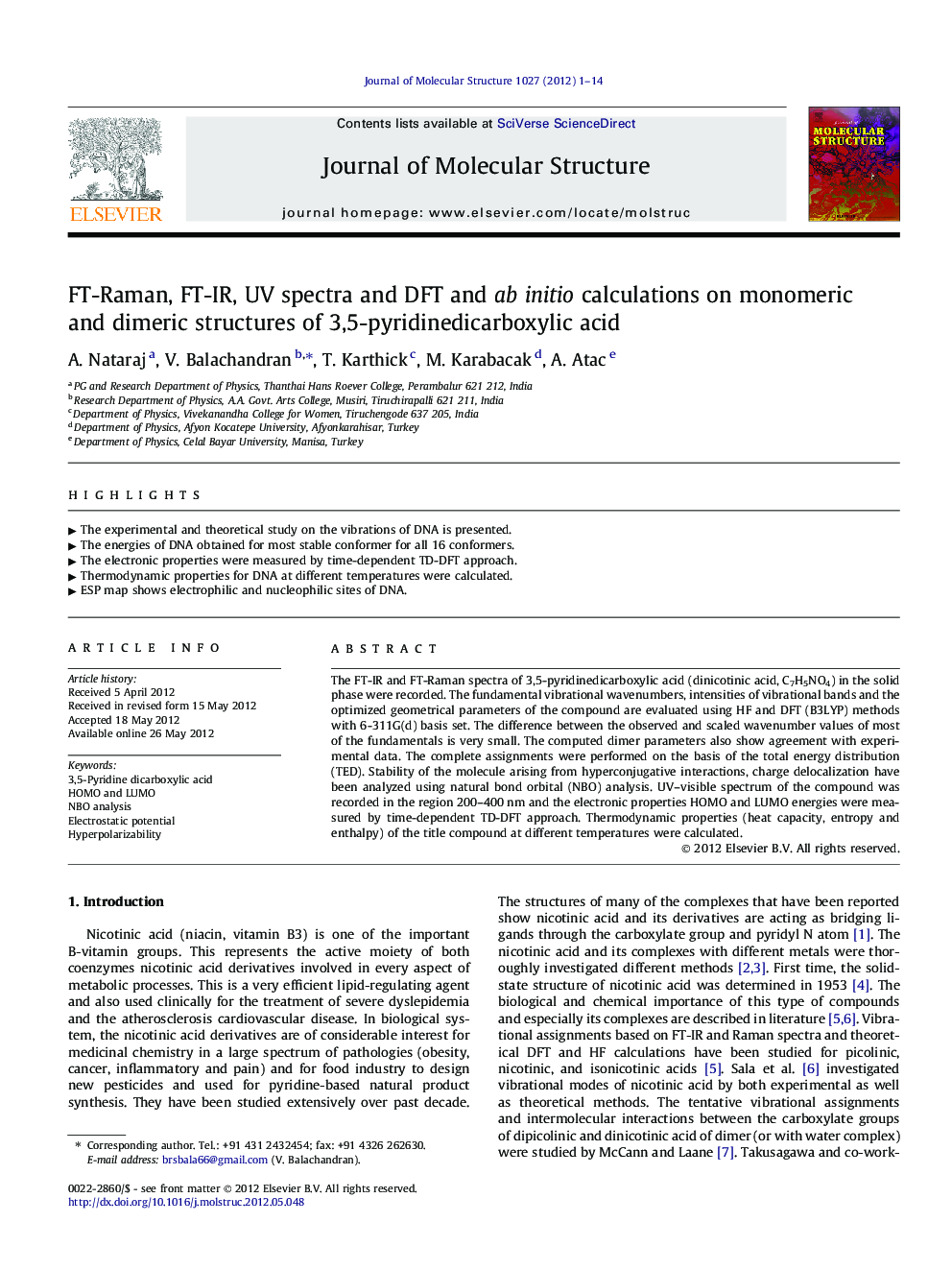 FT-Raman, FT-IR, UV spectra and DFT and ab initio calculations on monomeric and dimeric structures of 3,5-pyridinedicarboxylic acid