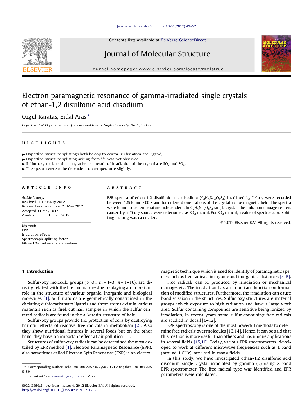 Electron paramagnetic resonance of gamma-irradiated single crystals of ethan-1,2 disulfonic acid disodium