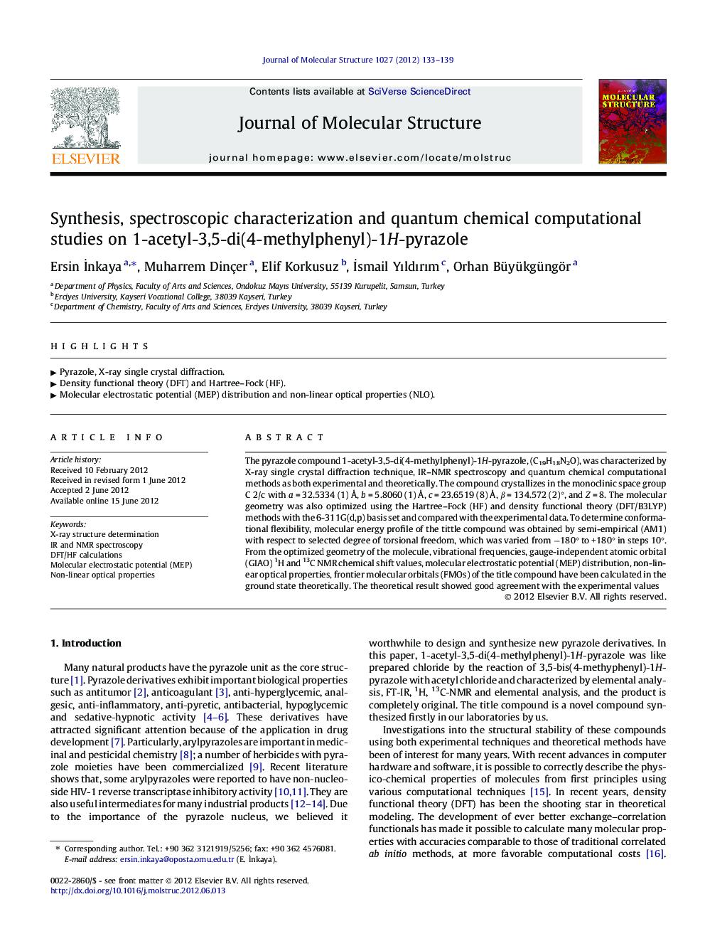 Synthesis, spectroscopic characterization and quantum chemical computational studies on 1-acetyl-3,5-di(4-methylphenyl)-1H-pyrazole