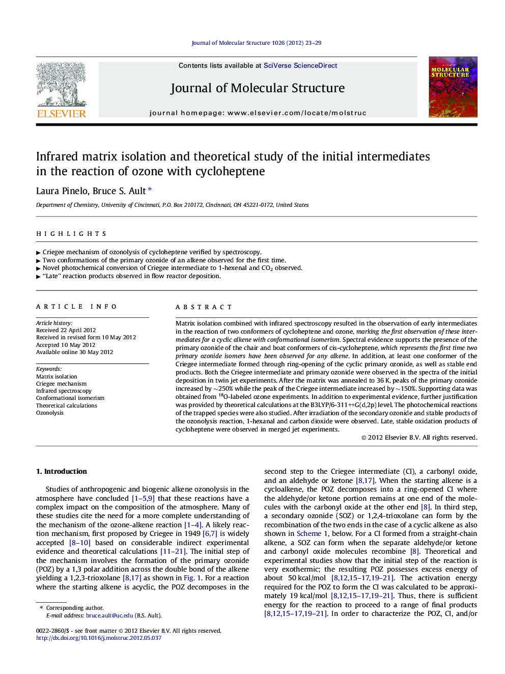 Infrared matrix isolation and theoretical study of the initial intermediates in the reaction of ozone with cycloheptene