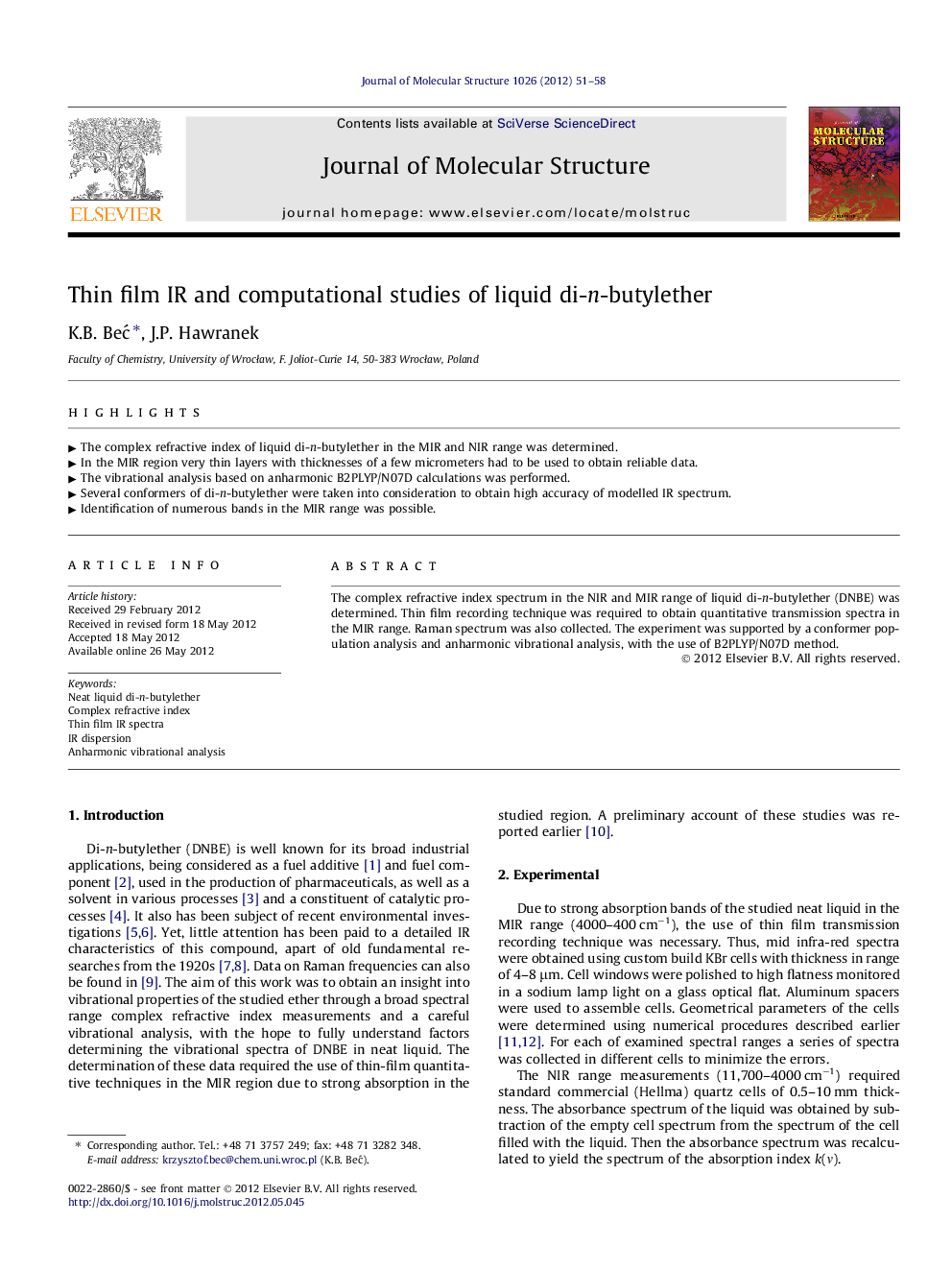 Thin film IR and computational studies of liquid di-n-butylether