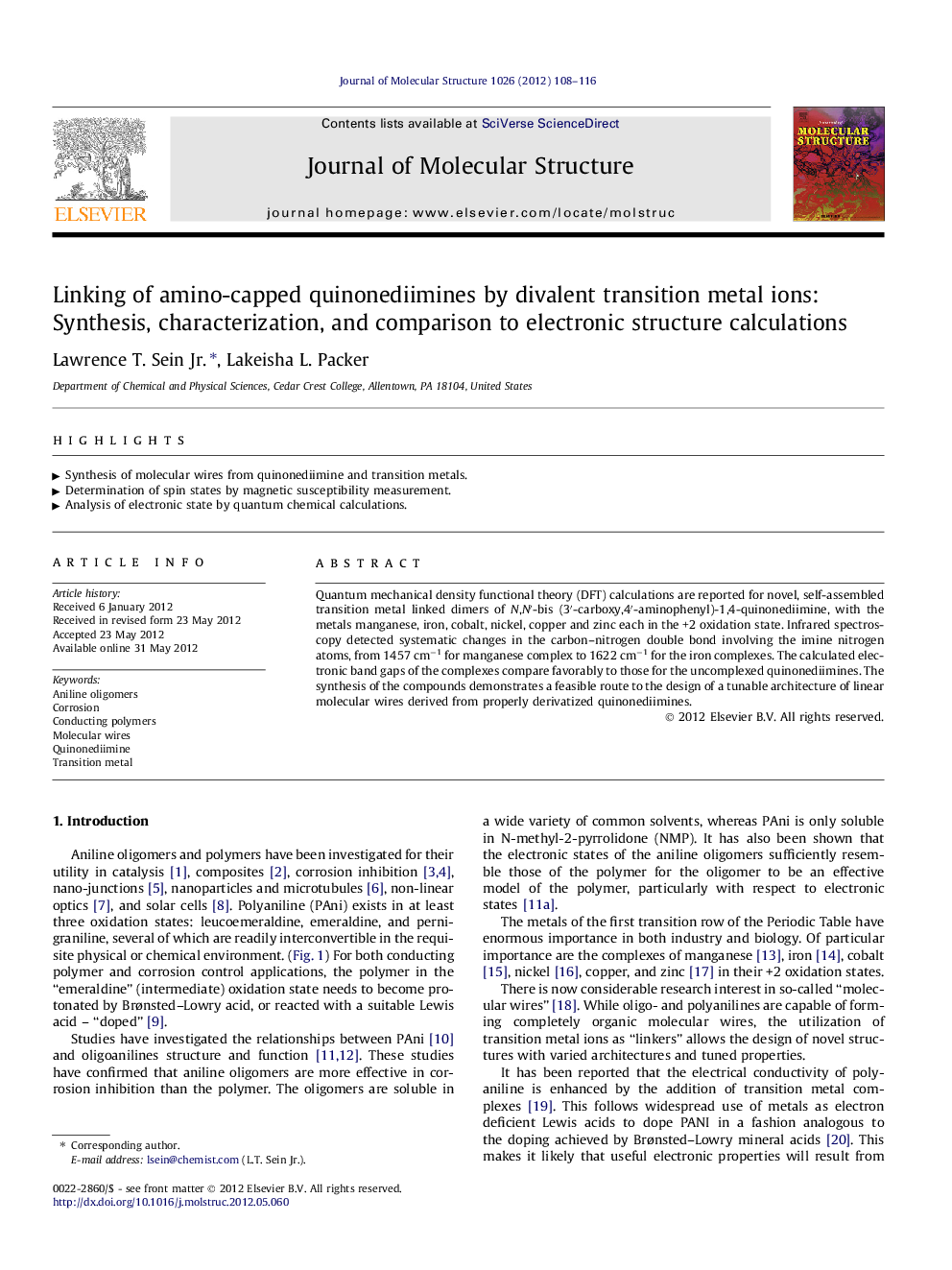 Linking of amino-capped quinonediimines by divalent transition metal ions: Synthesis, characterization, and comparison to electronic structure calculations