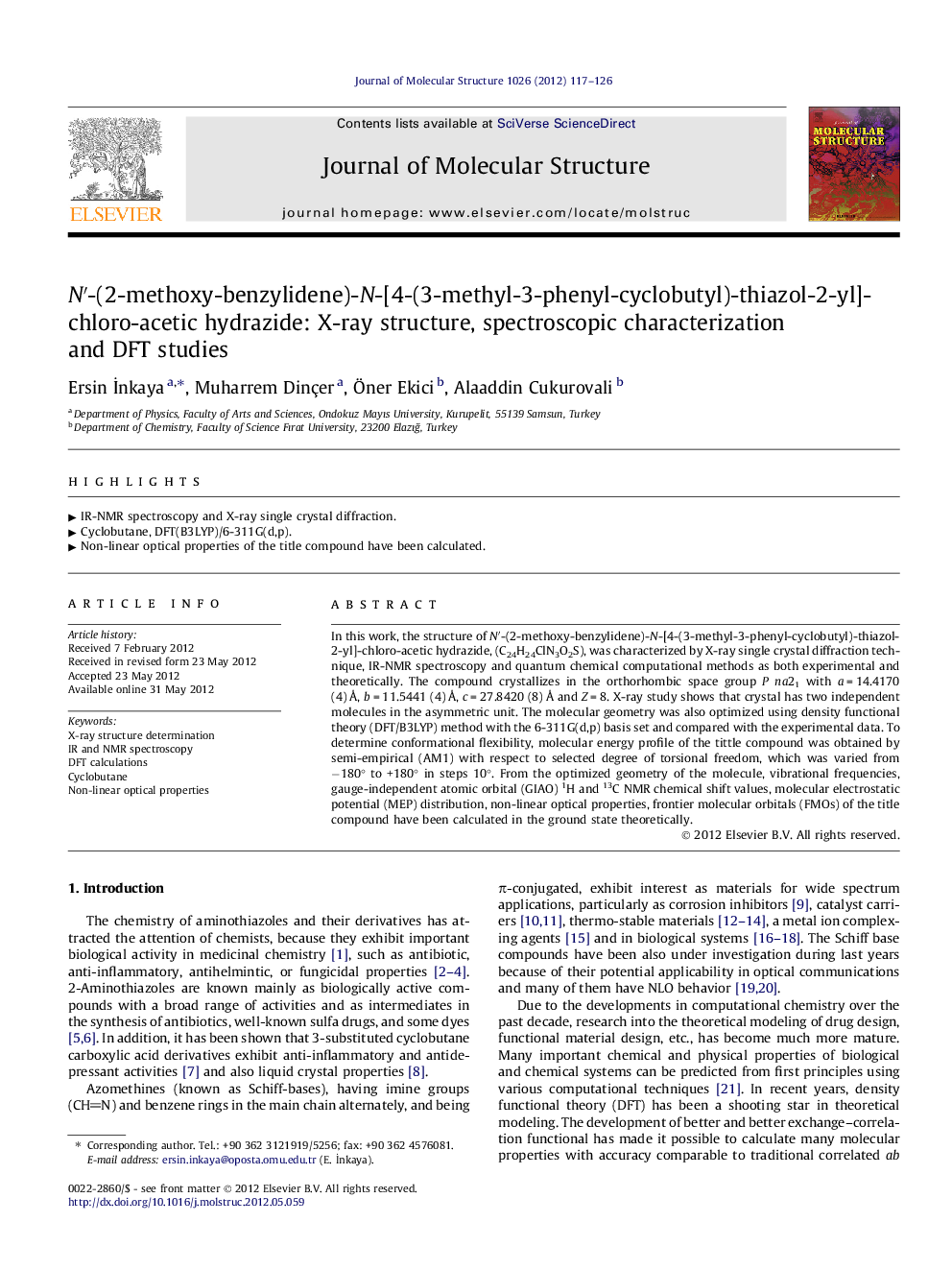 N′-(2-methoxy-benzylidene)-N-[4-(3-methyl-3-phenyl-cyclobutyl)-thiazol-2-yl]-chloro-acetic hydrazide: X-ray structure, spectroscopic characterization and DFT studies