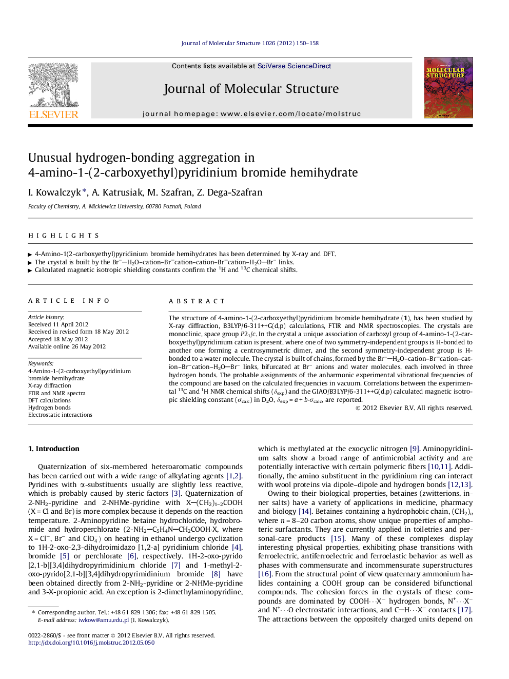 Unusual hydrogen-bonding aggregation in 4-amino-1-(2-carboxyethyl)pyridinium bromide hemihydrate