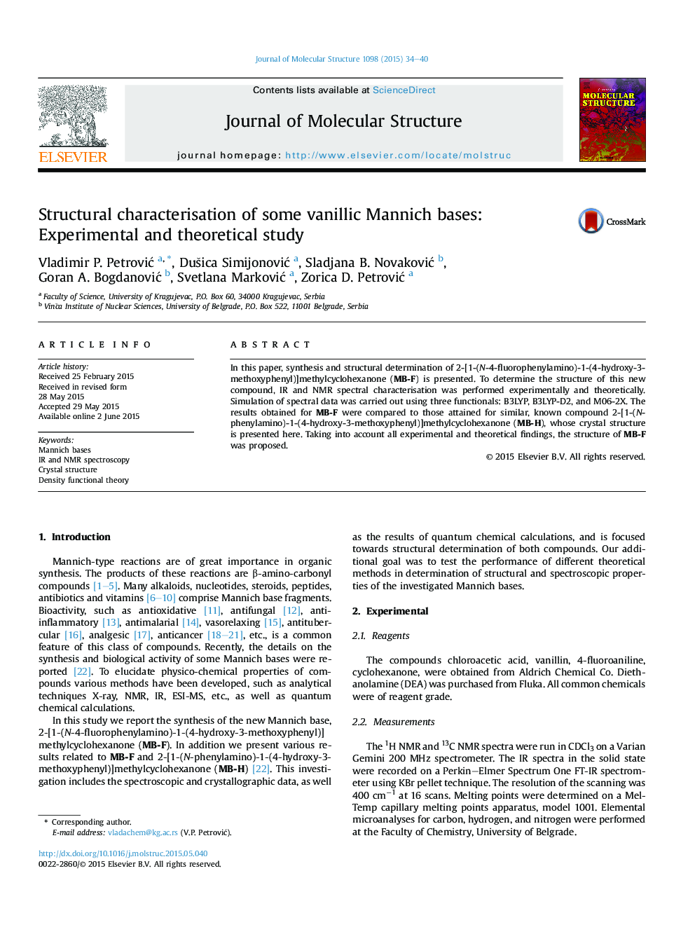 Structural characterisation of some vanillic Mannich bases: Experimental and theoretical study