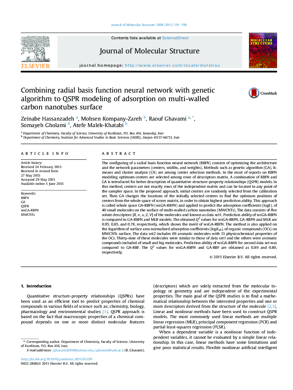 Combining radial basis function neural network with genetic algorithm to QSPR modeling of adsorption on multi-walled carbonÂ nanotubes surface