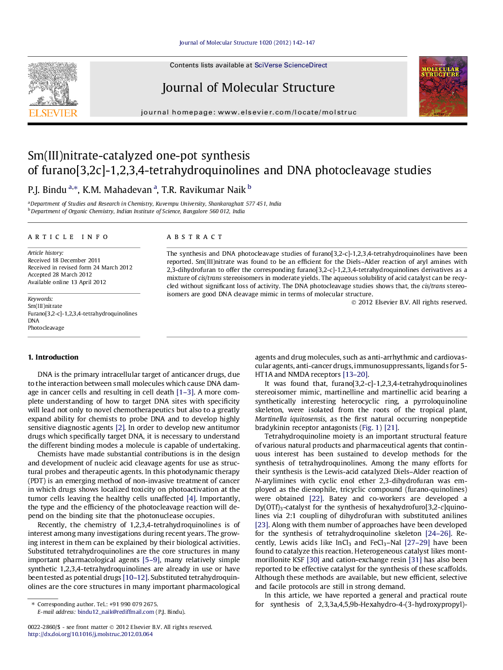 Sm(III)nitrate-catalyzed one-pot synthesis of furano[3,2c]-1,2,3,4-tetrahydroquinolines and DNA photocleavage studies