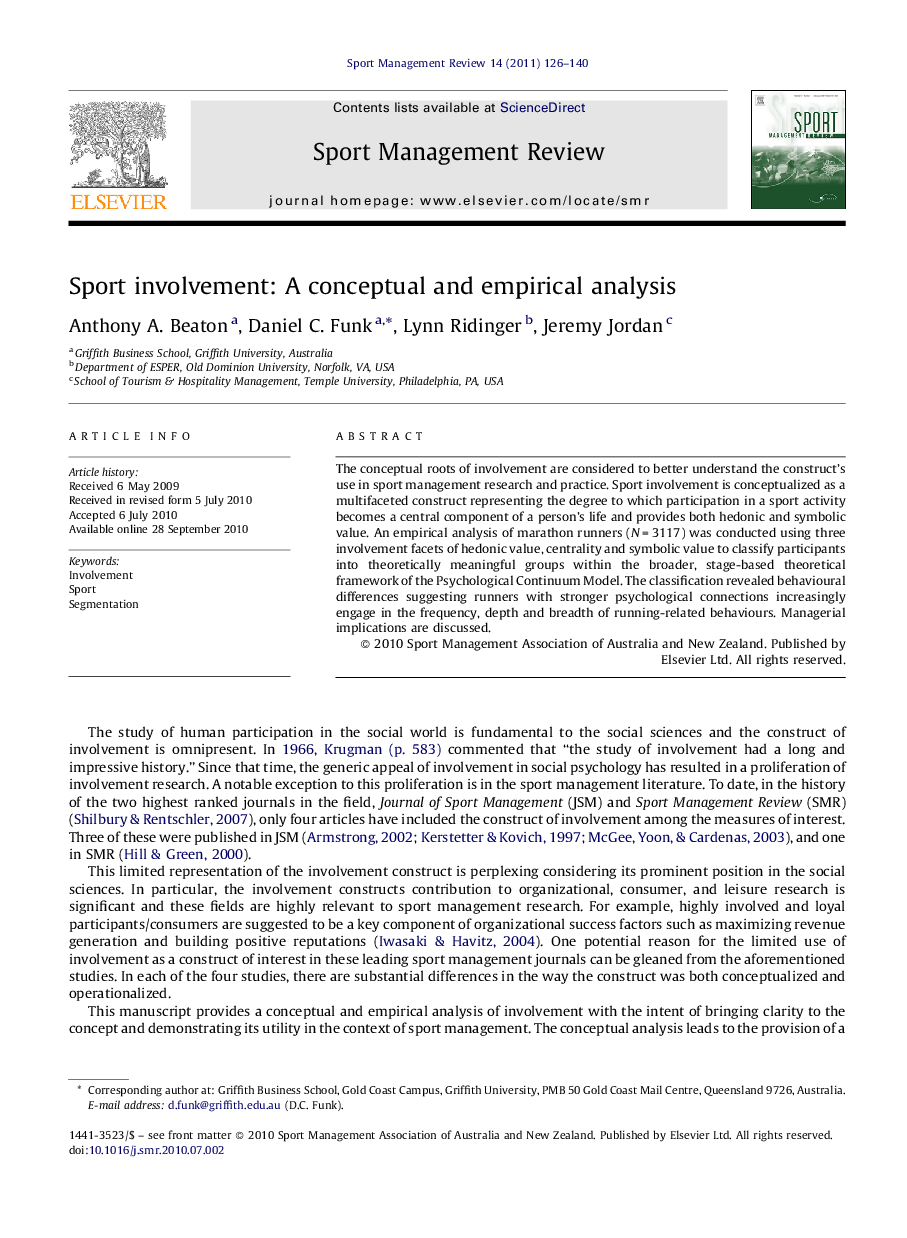 Sport involvement: A conceptual and empirical analysis