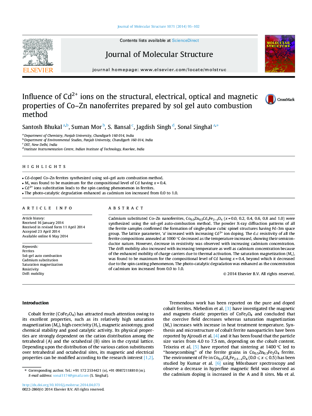 Influence of Cd2+ ions on the structural, electrical, optical and magnetic properties of Co–Zn nanoferrites prepared by sol gel auto combustion method