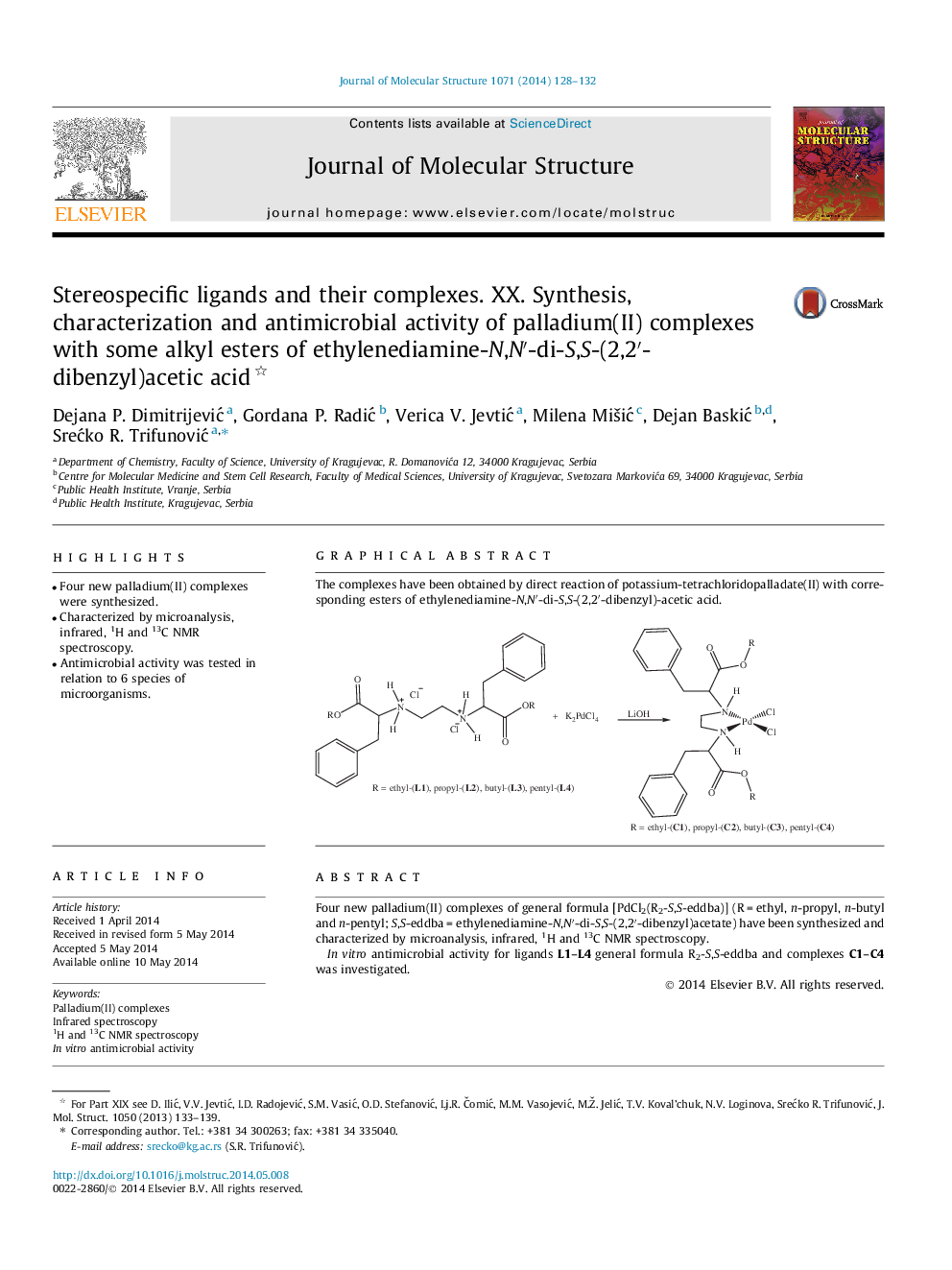 Stereospecific ligands and their complexes. XX. Synthesis, characterization and antimicrobial activity of palladium(II) complexes with some alkyl esters of ethylenediamine-N,N′-di-S,S-(2,2′-dibenzyl)acetic acid 