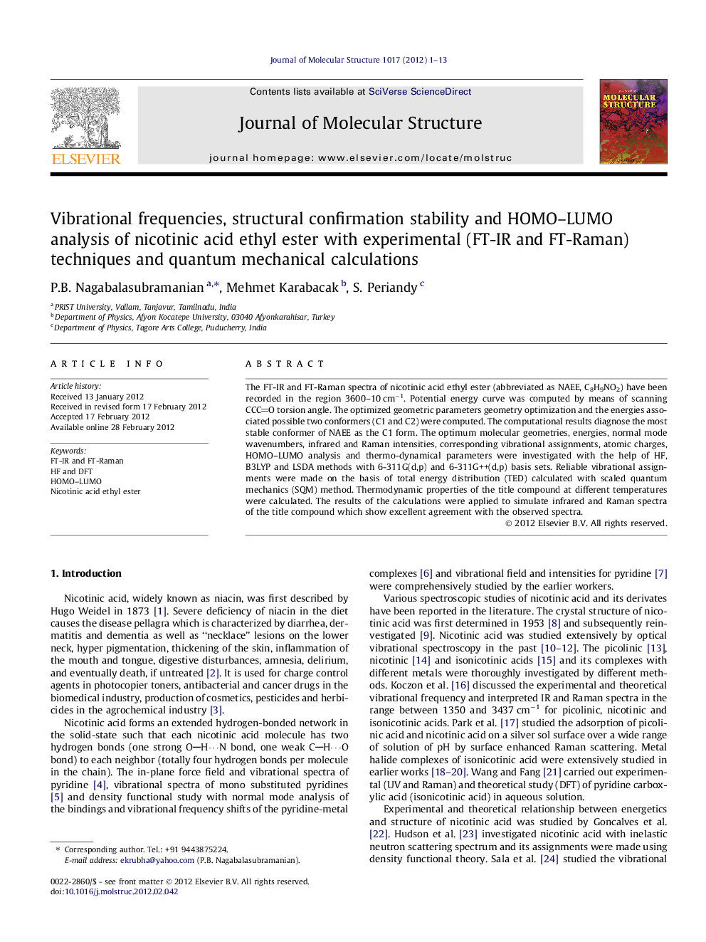 Vibrational frequencies, structural confirmation stability and HOMO–LUMO analysis of nicotinic acid ethyl ester with experimental (FT-IR and FT-Raman) techniques and quantum mechanical calculations