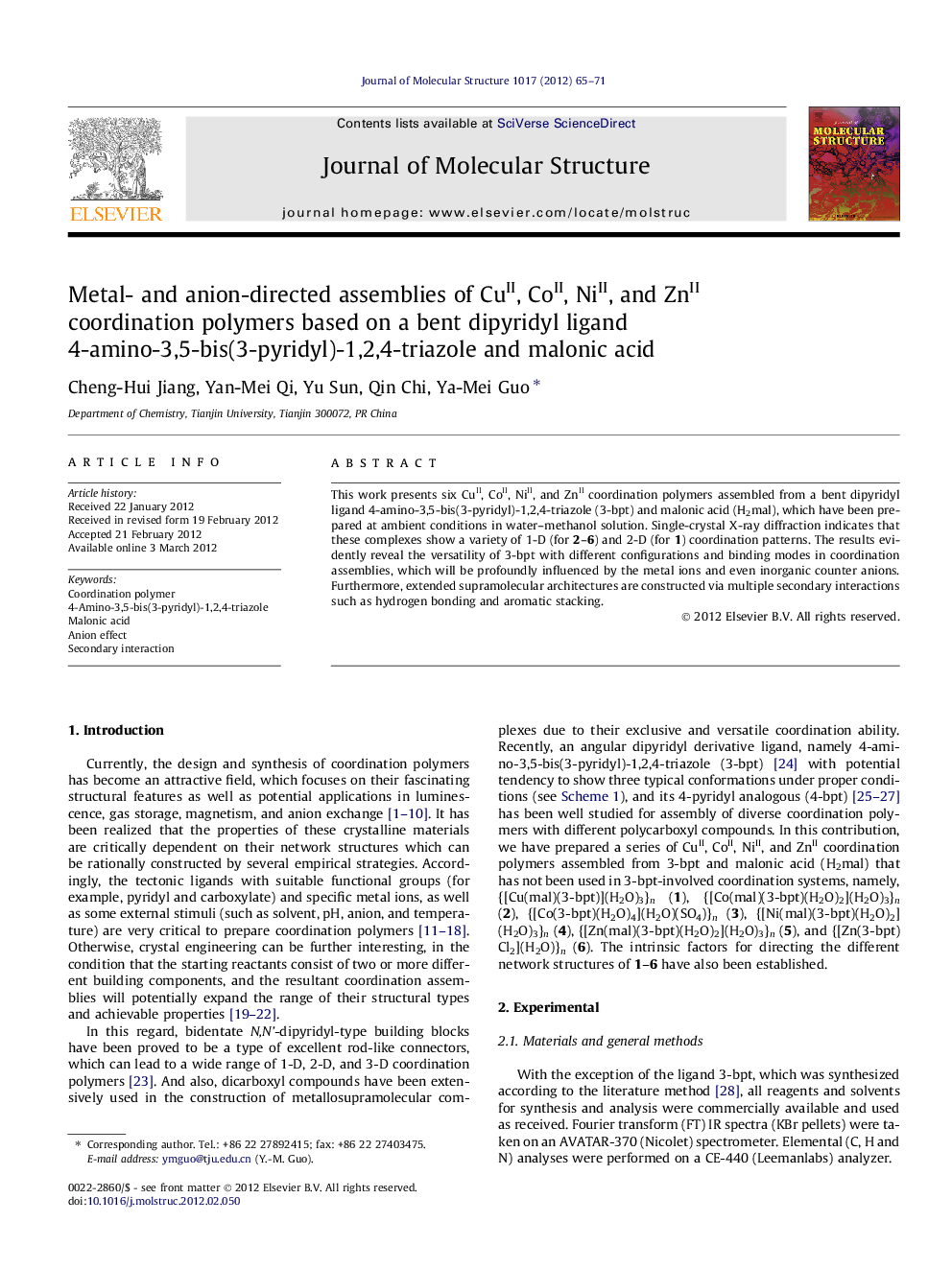 Metal- and anion-directed assemblies of CuII, CoII, NiII, and ZnII coordination polymers based on a bent dipyridyl ligand 4-amino-3,5-bis(3-pyridyl)-1,2,4-triazole and malonic acid