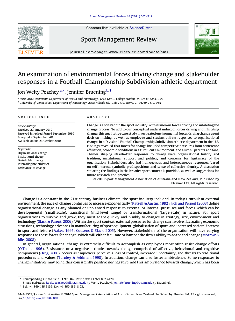 An examination of environmental forces driving change and stakeholder responses in a Football Championship Subdivision athletic department