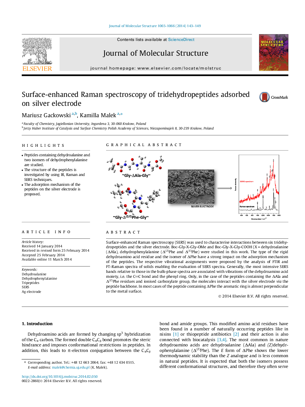 Surface-enhanced Raman spectroscopy of tridehydropeptides adsorbed on silver electrode