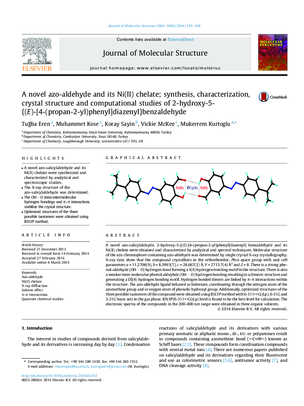 A novel azo-aldehyde and its Ni(II) chelate; synthesis, characterization, crystal structure and computational studies of 2-hydroxy-5-{(E)-[4-(propan-2-yl)phenyl]diazenyl}benzaldehyde