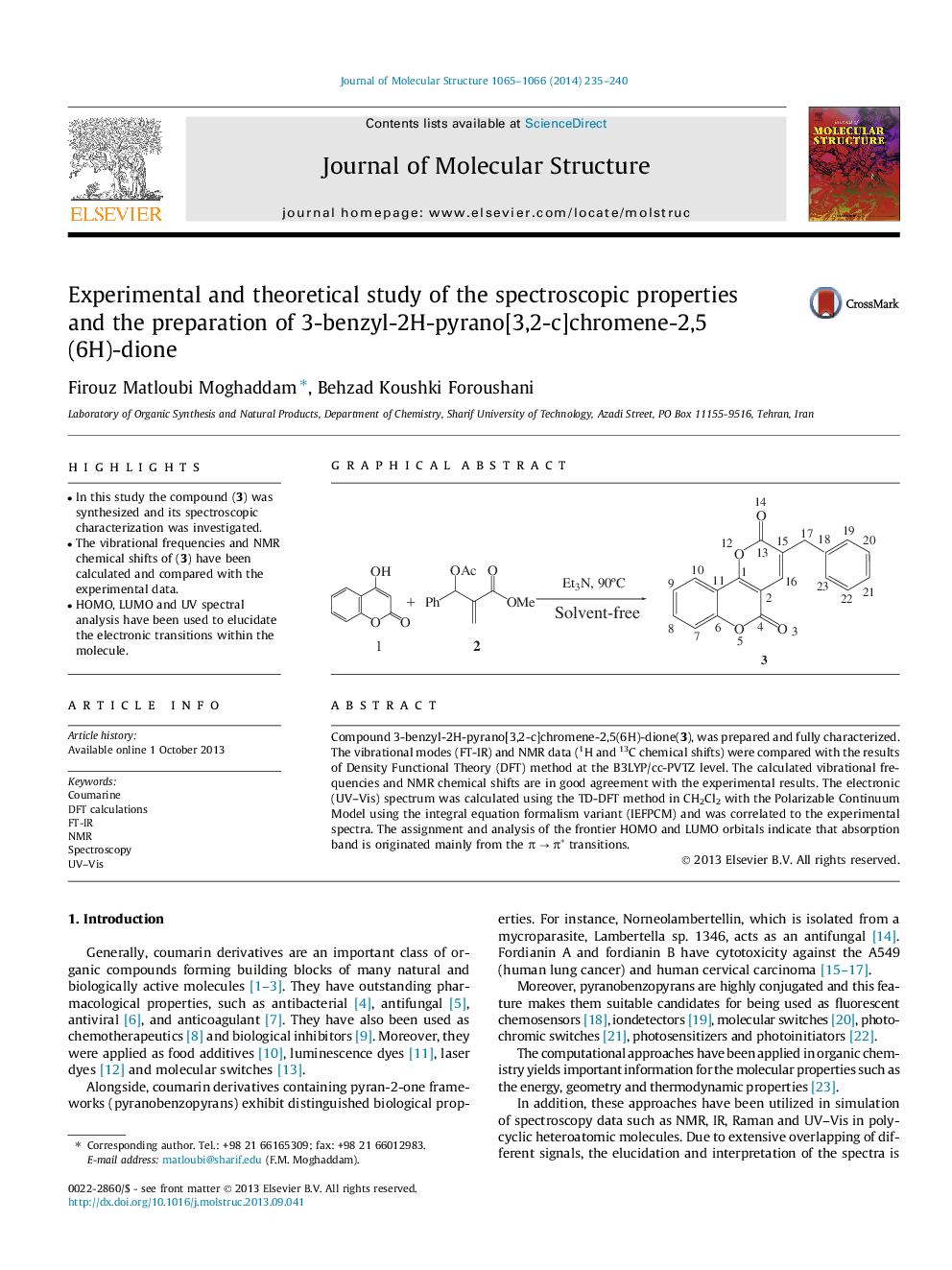 Experimental and theoretical study of the spectroscopic properties and the preparation of 3-benzyl-2H-pyrano[3,2-c]chromene-2,5(6H)-dione