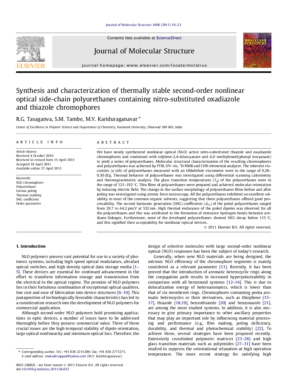 Synthesis and characterization of thermally stable second-order nonlinear optical side-chain polyurethanes containing nitro-substituted oxadiazole and thiazole chromophores