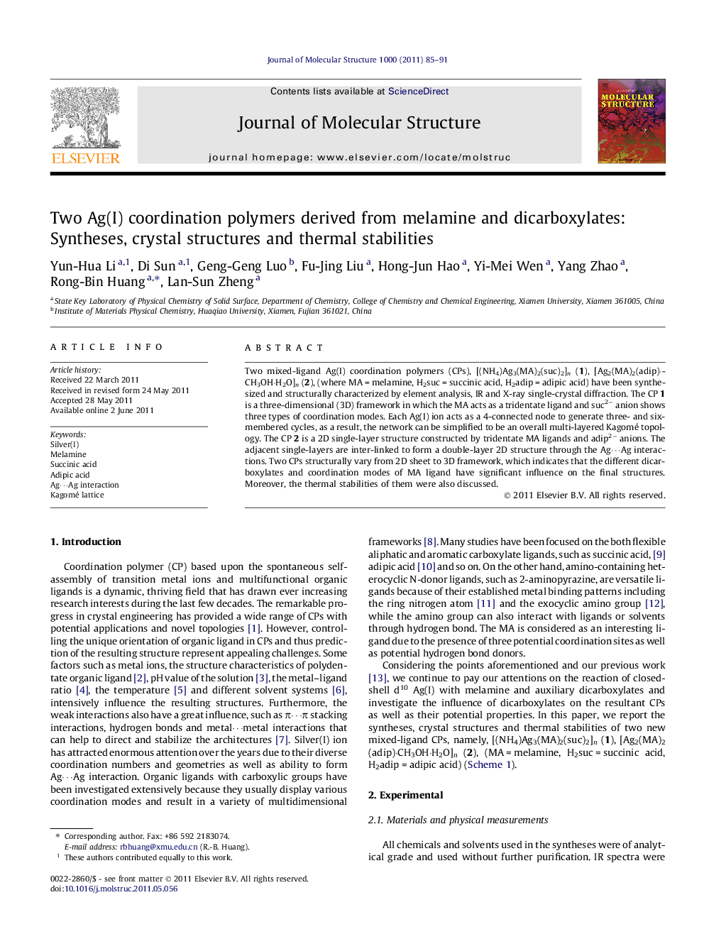 Two Ag(I) coordination polymers derived from melamine and dicarboxylates: Syntheses, crystal structures and thermal stabilities