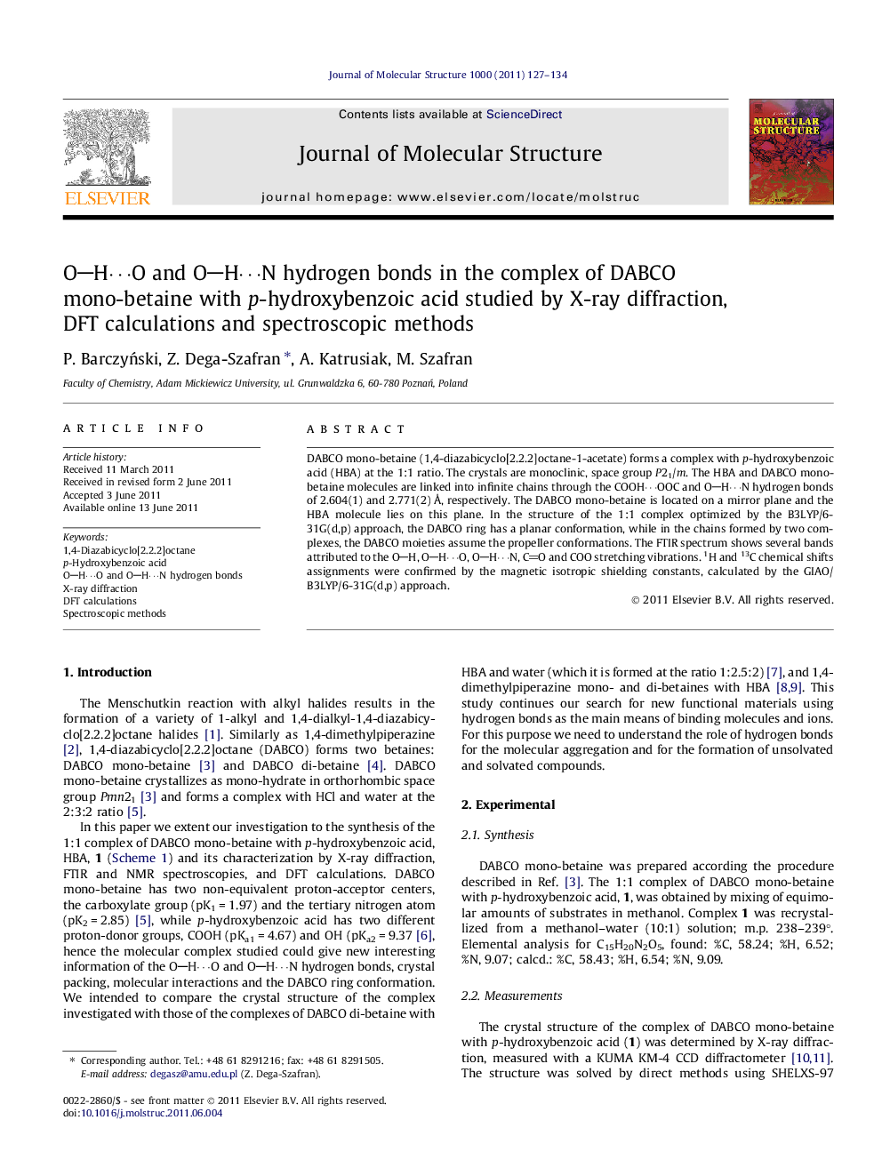 OH⋯O and OH⋯N hydrogen bonds in the complex of DABCO mono-betaine with p-hydroxybenzoic acid studied by X-ray diffraction, DFT calculations and spectroscopic methods