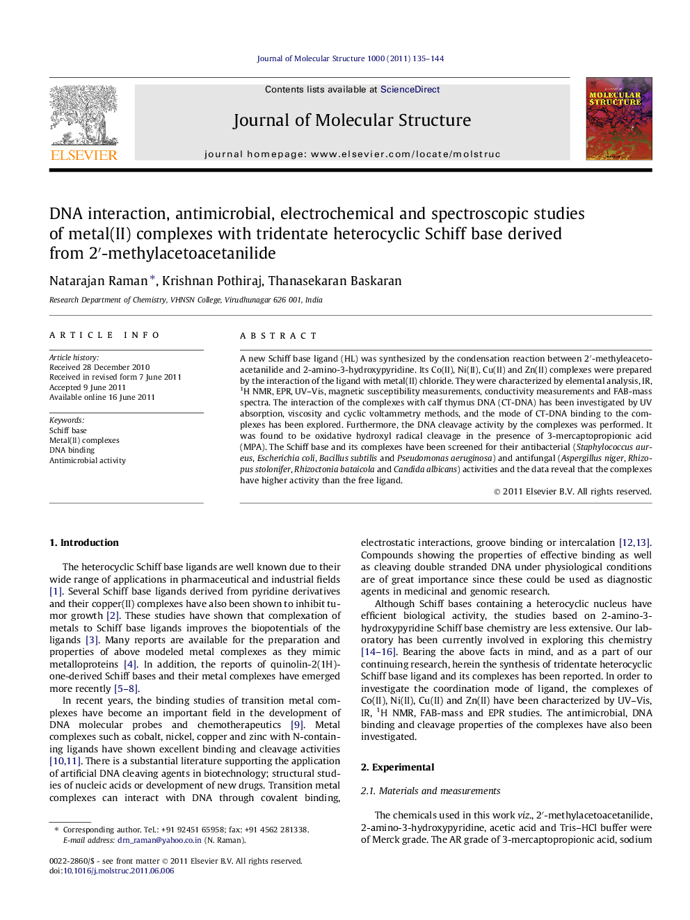 DNA interaction, antimicrobial, electrochemical and spectroscopic studies of metal(II) complexes with tridentate heterocyclic Schiff base derived from 2′-methylacetoacetanilide