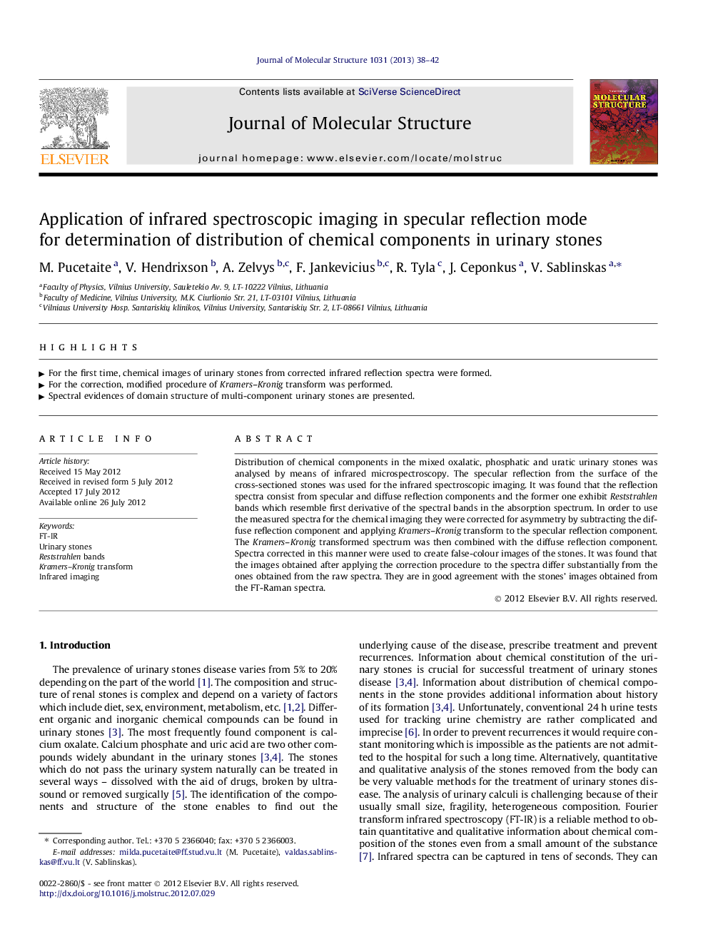 Application of infrared spectroscopic imaging in specular reflection mode for determination of distribution of chemical components in urinary stones