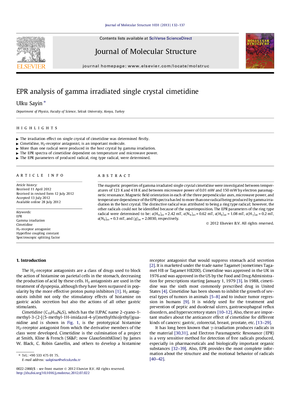 EPR analysis of gamma irradiated single crystal cimetidine