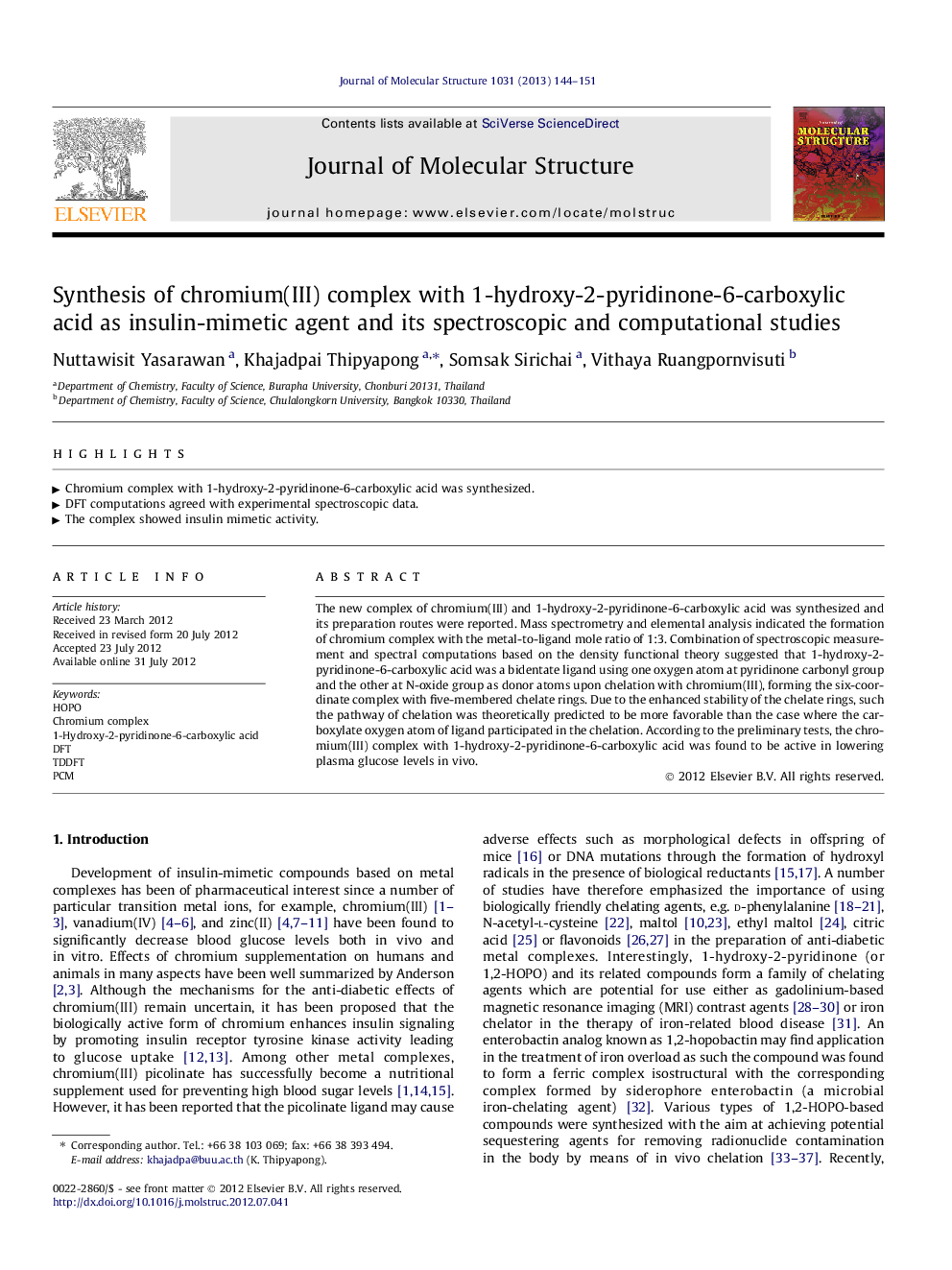 Synthesis of chromium(III) complex with 1-hydroxy-2-pyridinone-6-carboxylic acid as insulin-mimetic agent and its spectroscopic and computational studies