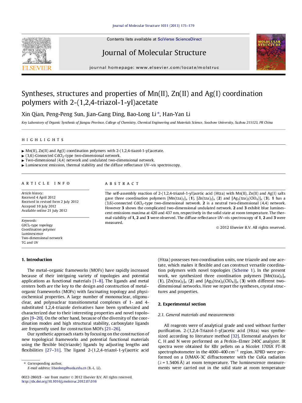 Syntheses, structures and properties of Mn(II), Zn(II) and Ag(I) coordination polymers with 2-(1,2,4-triazol-1-yl)acetate