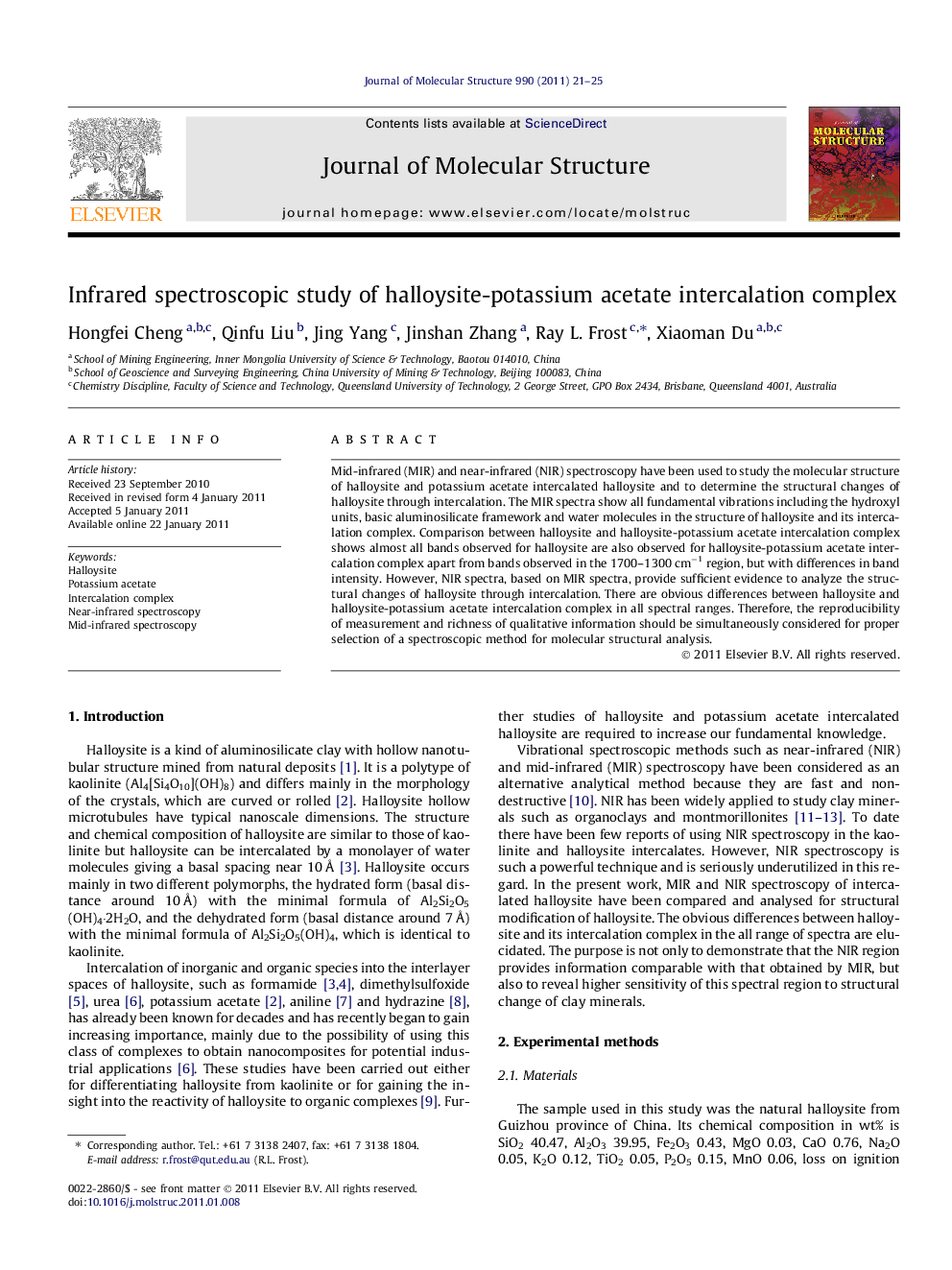 Infrared spectroscopic study of halloysite-potassium acetate intercalation complex