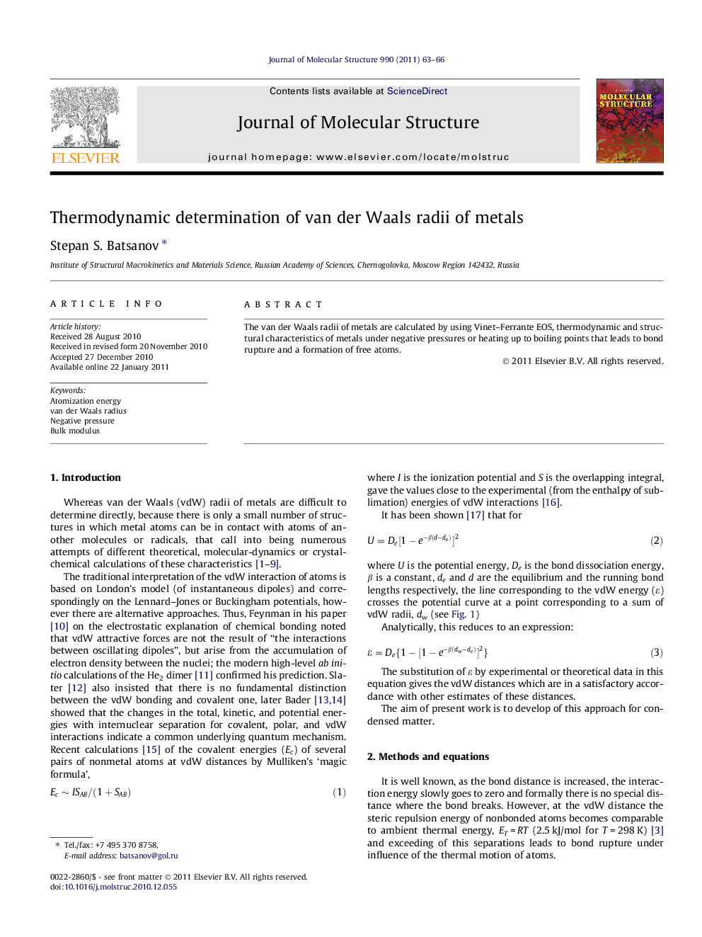 Thermodynamic determination of van der Waals radii of metals