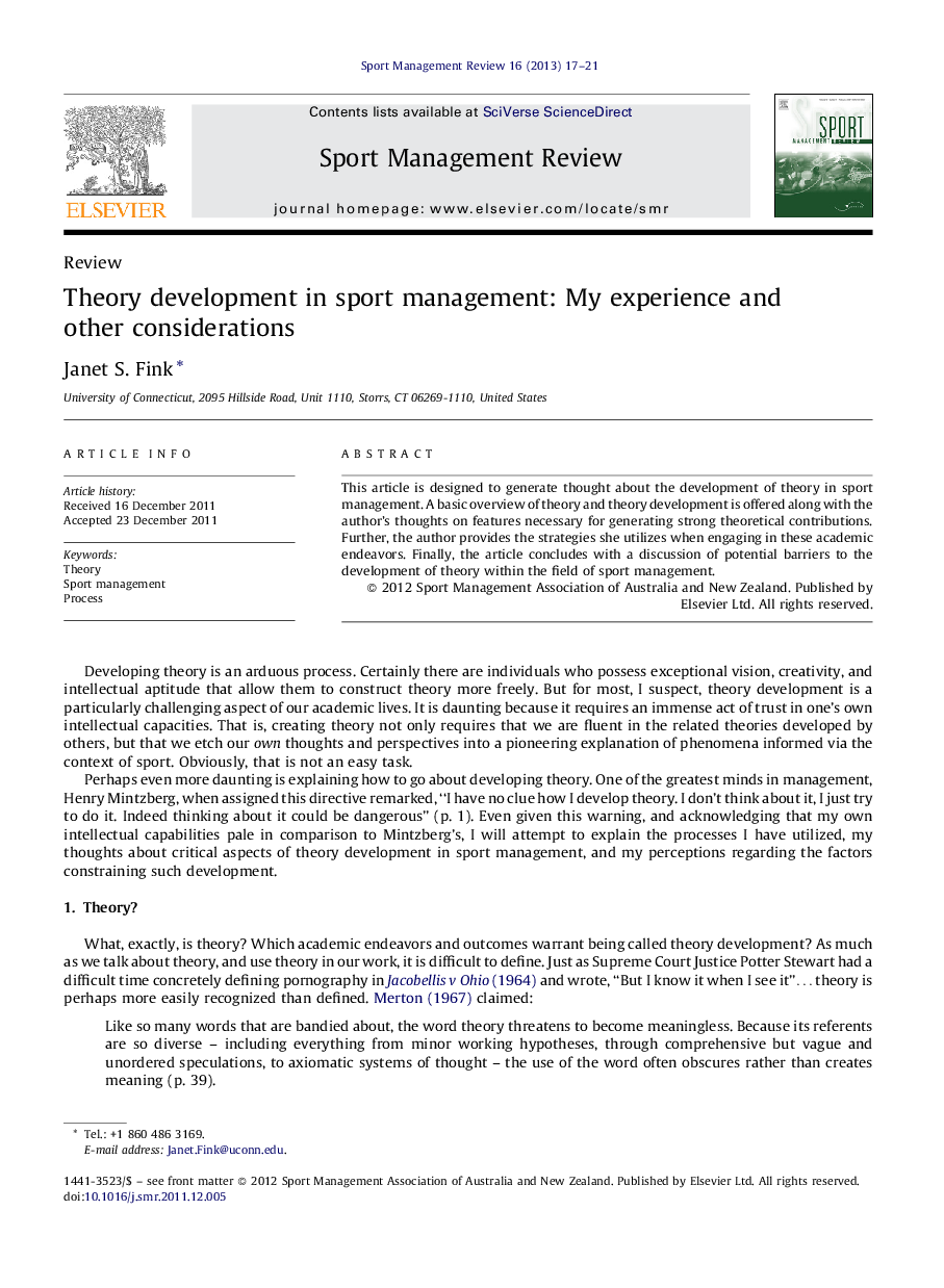 عکس صفحه اول مقاله: Theory development in sport management: My experience and other considerations Theory development in sport management: My experience and other considerations