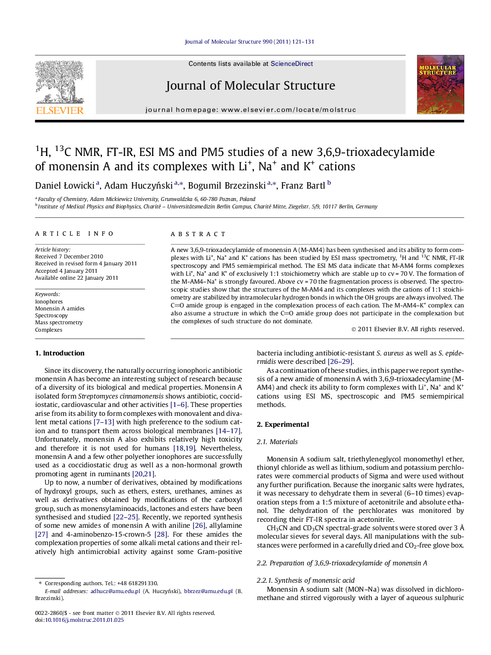 1H, 13C NMR, FT-IR, ESI MS and PM5 studies of a new 3,6,9-trioxadecylamide of monensin A and its complexes with Li+, Na+ and K+ cations