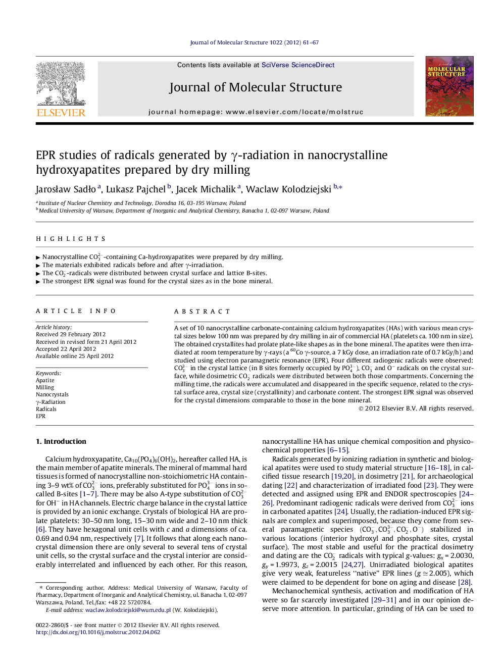 EPR studies of radicals generated by γ-radiation in nanocrystalline hydroxyapatites prepared by dry milling