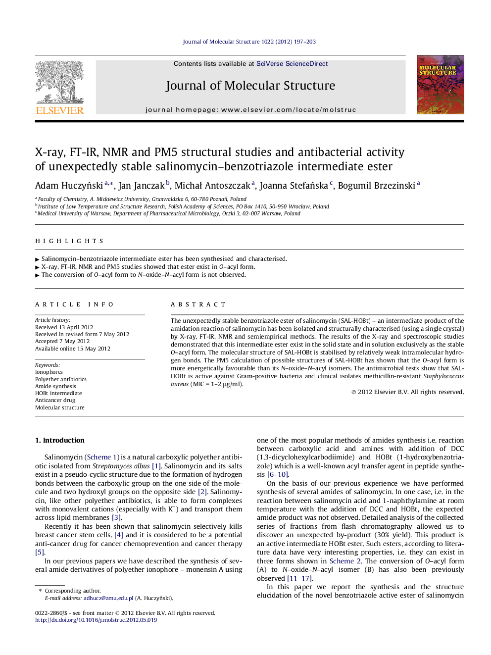 X-ray, FT-IR, NMR and PM5 structural studies and antibacterial activity of unexpectedly stable salinomycin–benzotriazole intermediate ester