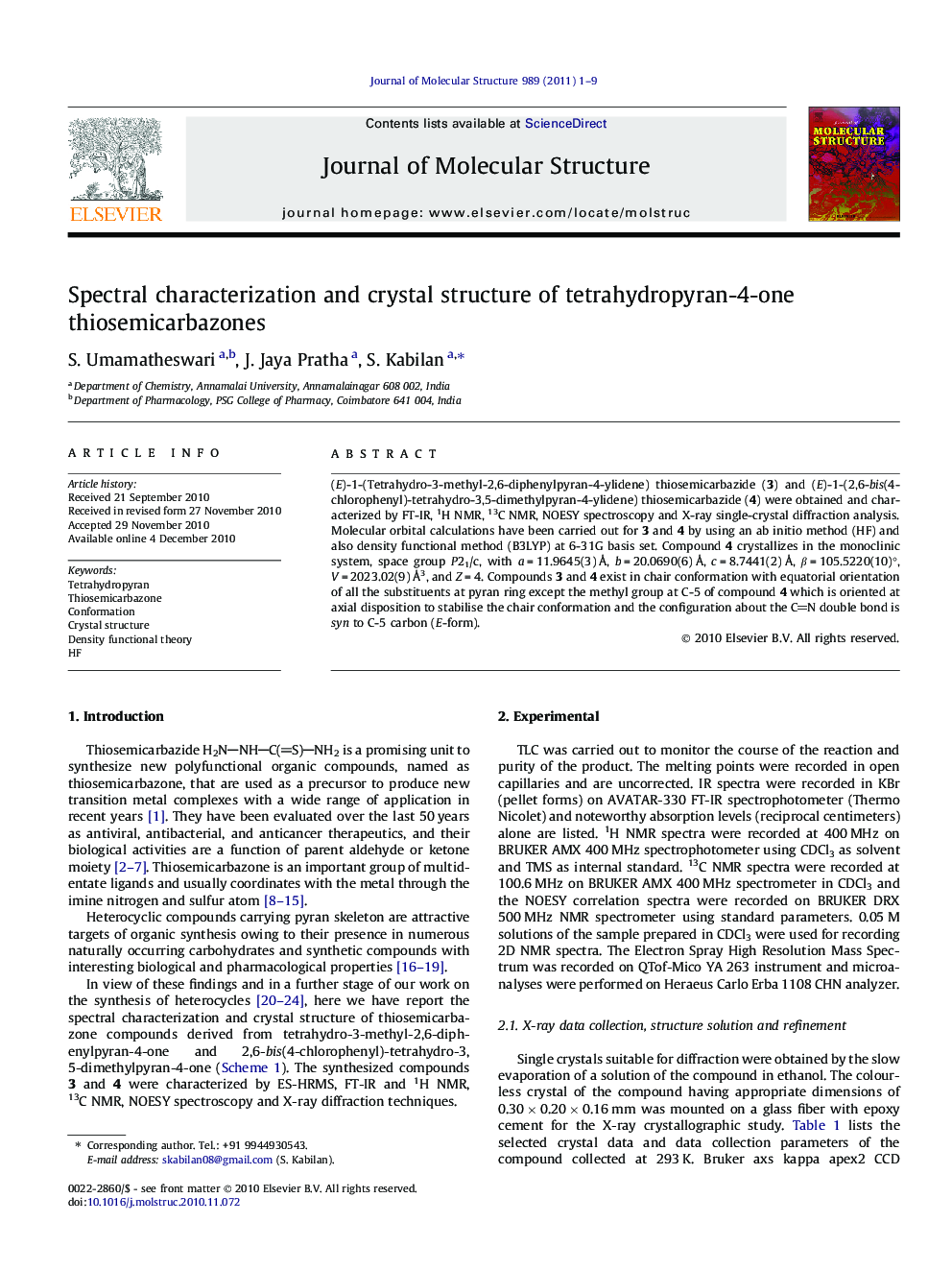 Spectral characterization and crystal structure of tetrahydropyran-4-one thiosemicarbazones