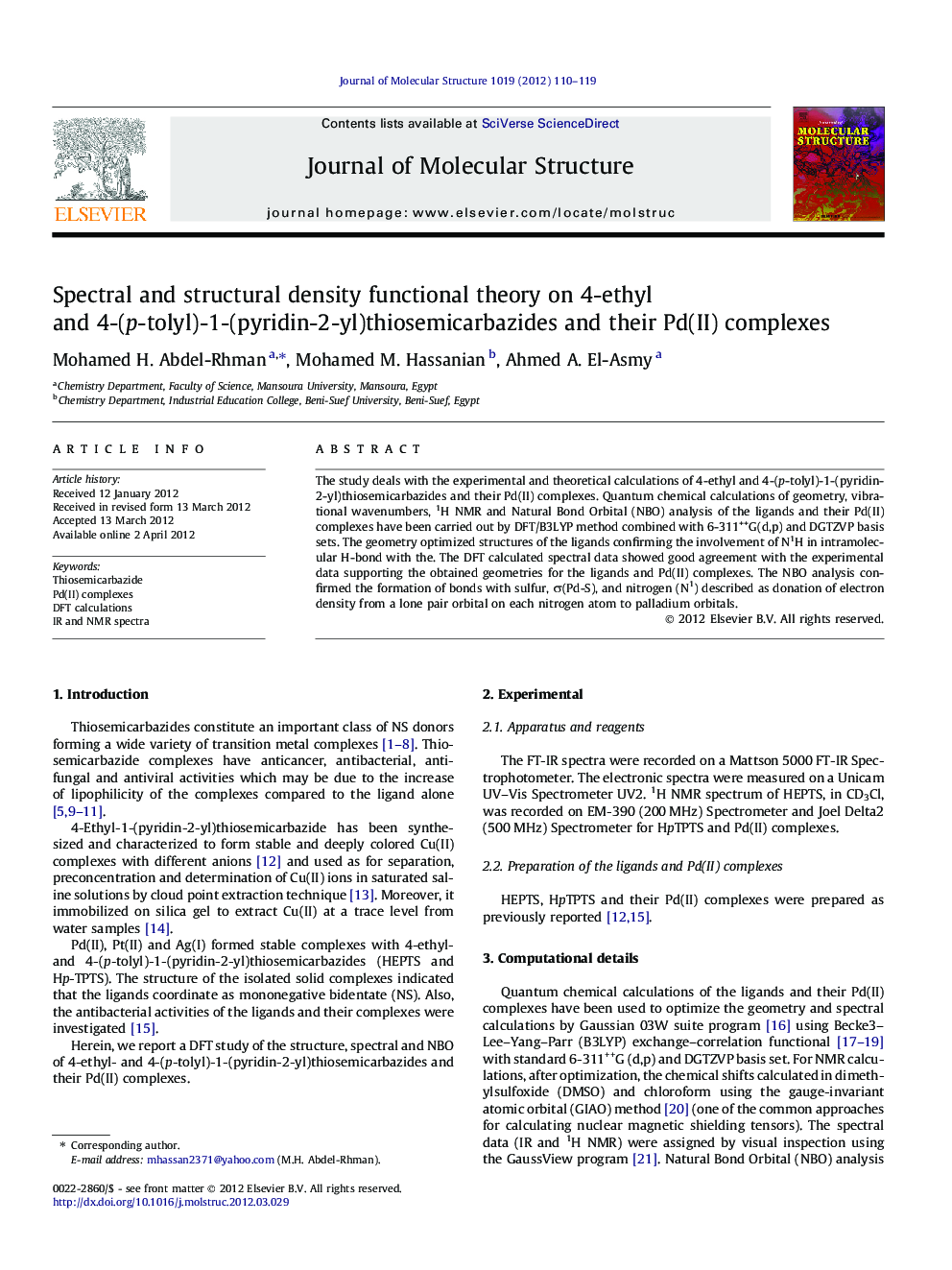 Spectral and structural density functional theory on 4-ethyl and 4-(p-tolyl)-1-(pyridin-2-yl)thiosemicarbazides and their Pd(II) complexes