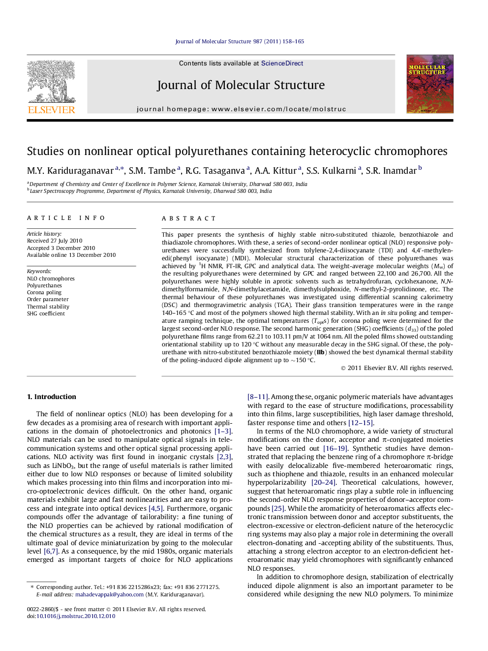 Studies on nonlinear optical polyurethanes containing heterocyclic chromophores