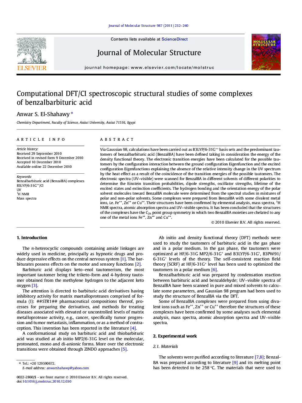 Computational DFT/CI spectroscopic structural studies of some complexes of benzalbarbituric acid