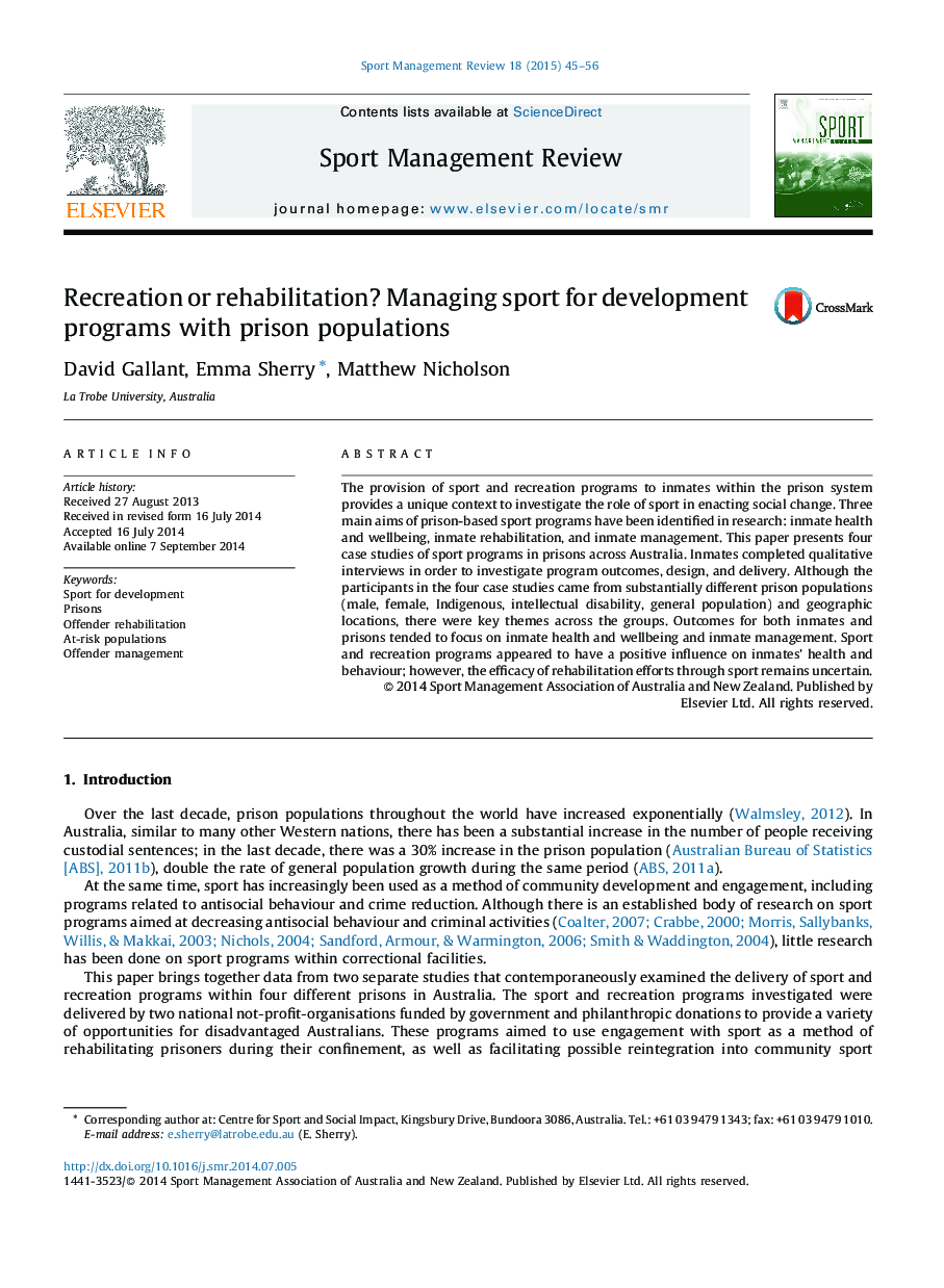 Recreation or rehabilitation? Managing sport for development programs with prison populations