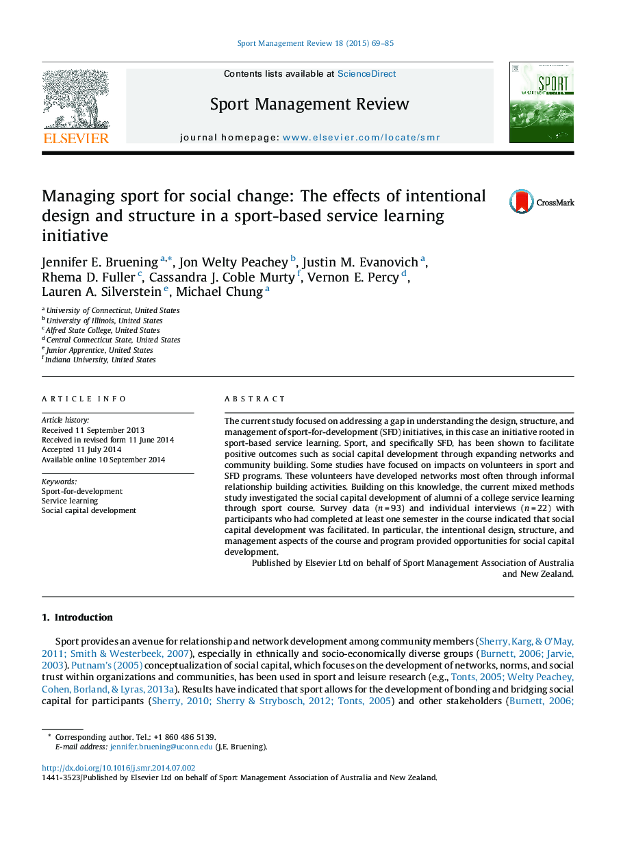 Managing sport for social change: The effects of intentional design and structure in a sport-based service learning initiative