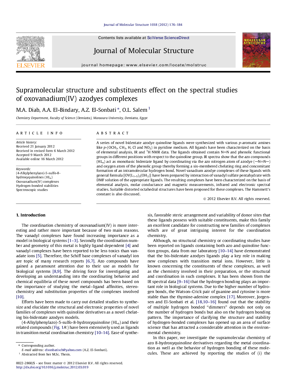 Supramolecular structure and substituents effect on the spectral studies of oxovanadium(IV) azodyes complexes