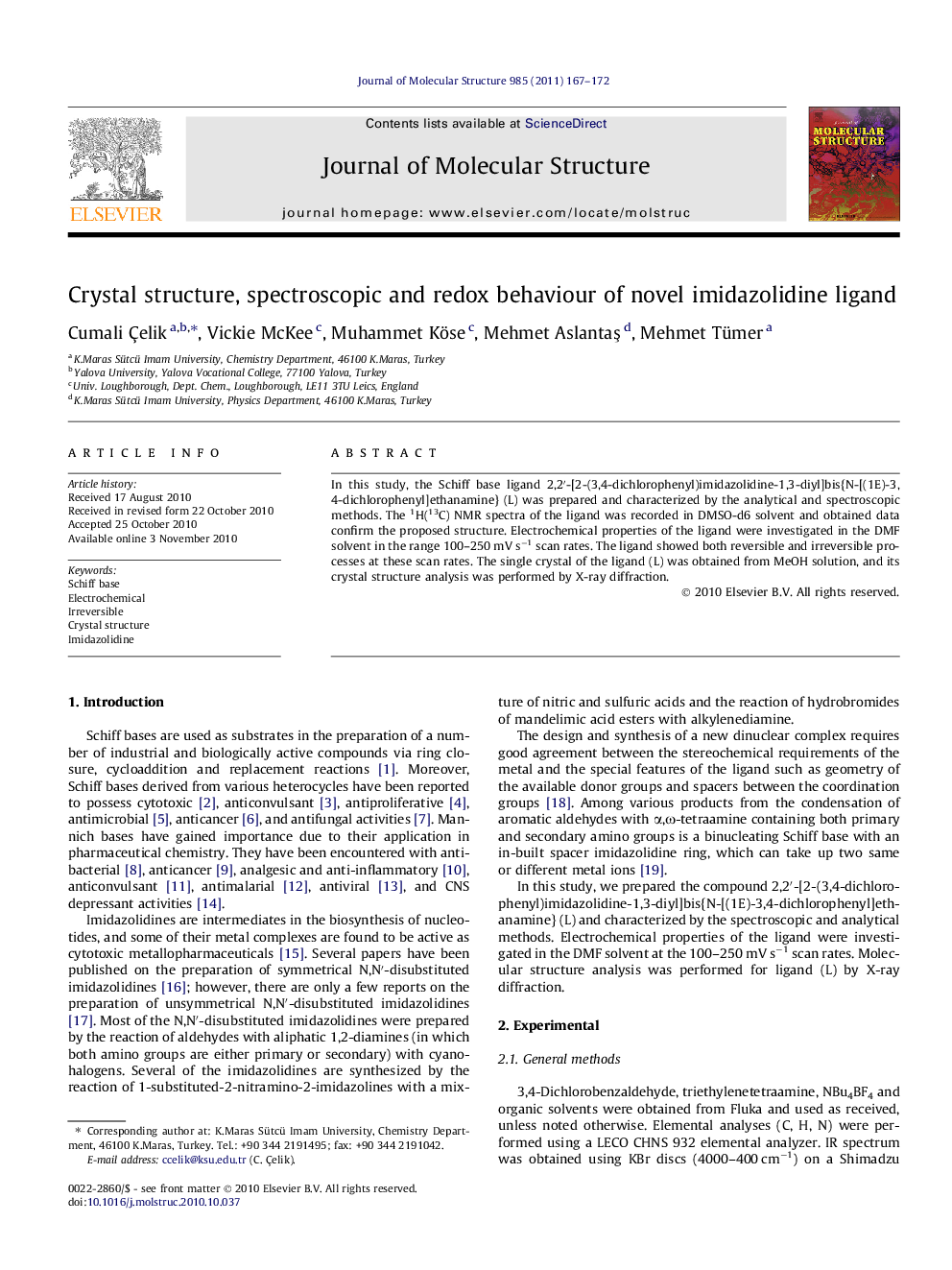 Crystal structure, spectroscopic and redox behaviour of novel imidazolidine ligand