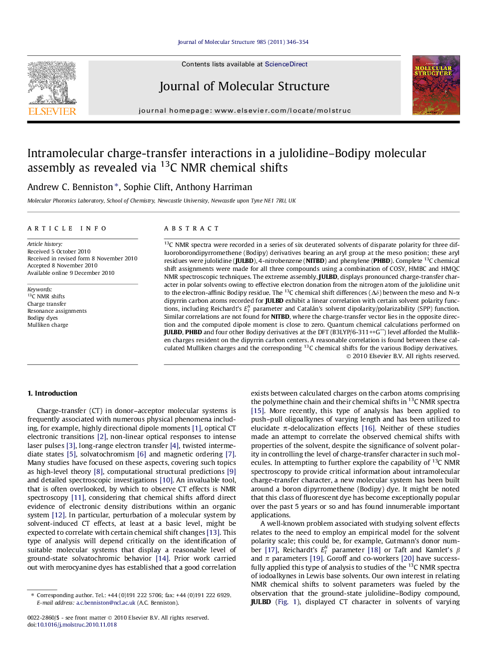 Intramolecular charge-transfer interactions in a julolidine–Bodipy molecular assembly as revealed via 13C NMR chemical shifts