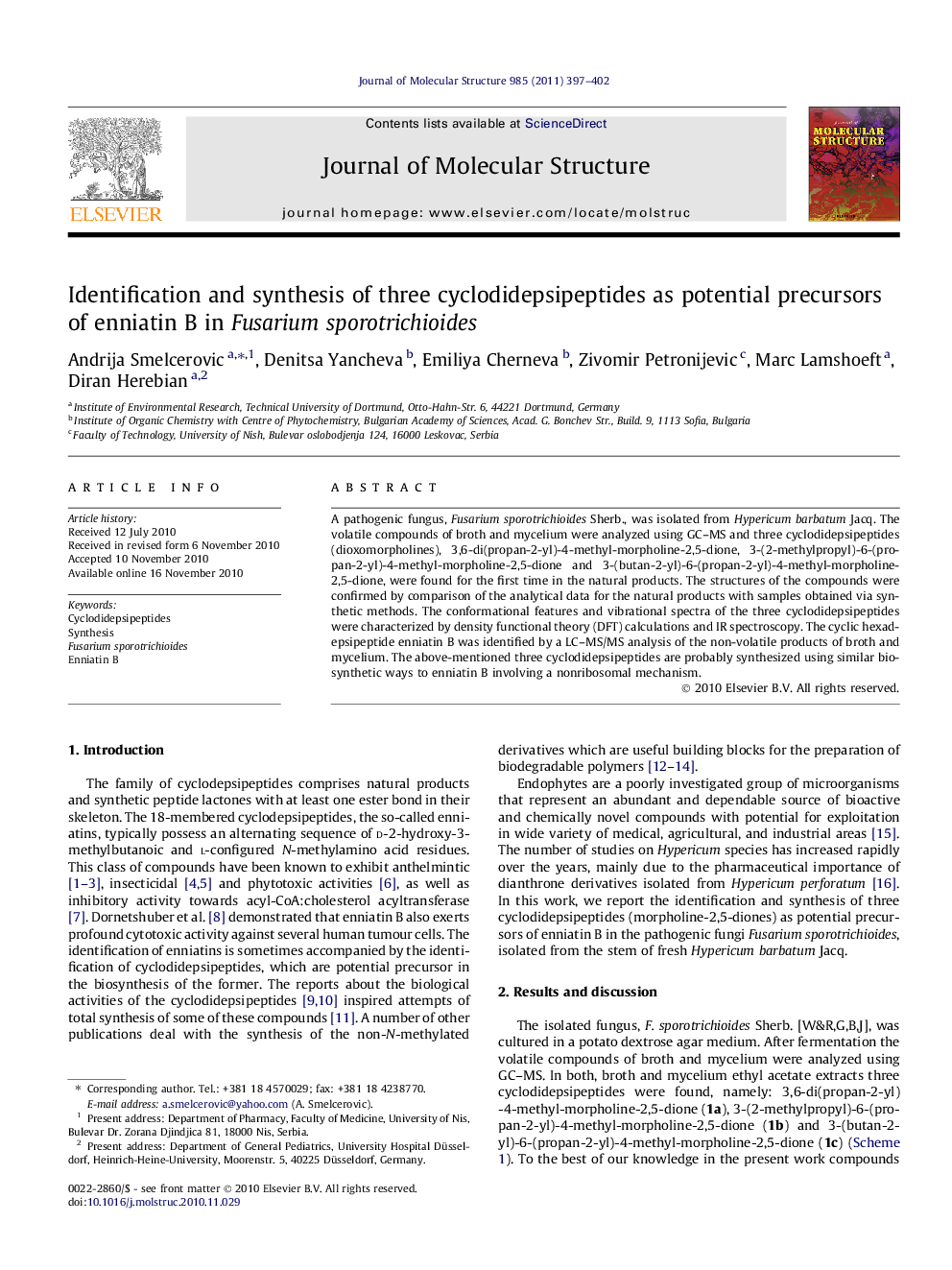 Identification and synthesis of three cyclodidepsipeptides as potential precursors of enniatin B in Fusarium sporotrichioides