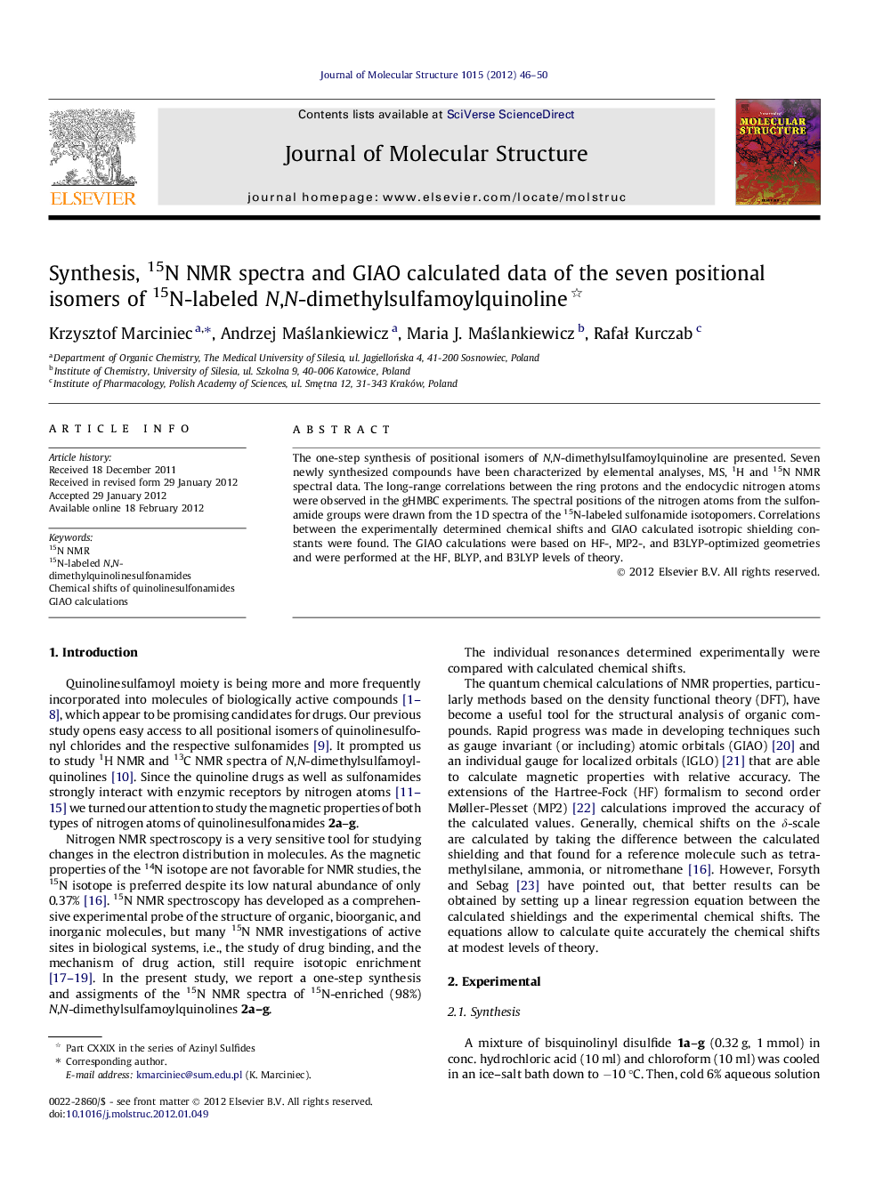 Synthesis, 15N NMR spectra and GIAO calculated data of the seven positional isomers of 15N-labeled N,N-dimethylsulfamoylquinoline 