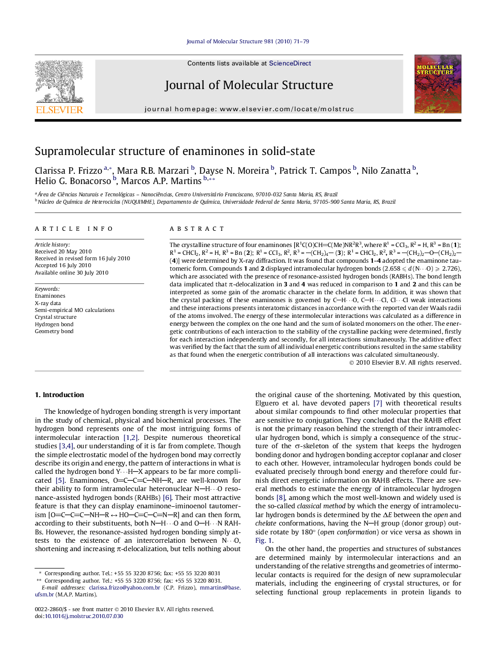 Supramolecular structure of enaminones in solid-state