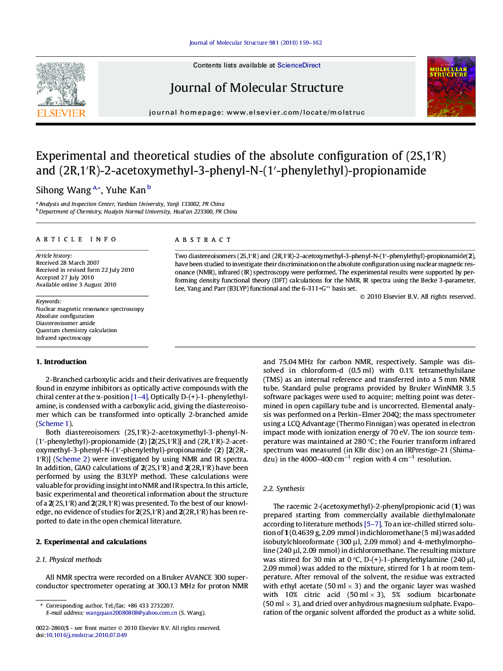 Experimental and theoretical studies of the absolute configuration of (2S,1â²R) and (2R,1â²R)-2-acetoxymethyl-3-phenyl-N-(1â²-phenylethyl)-propionamide