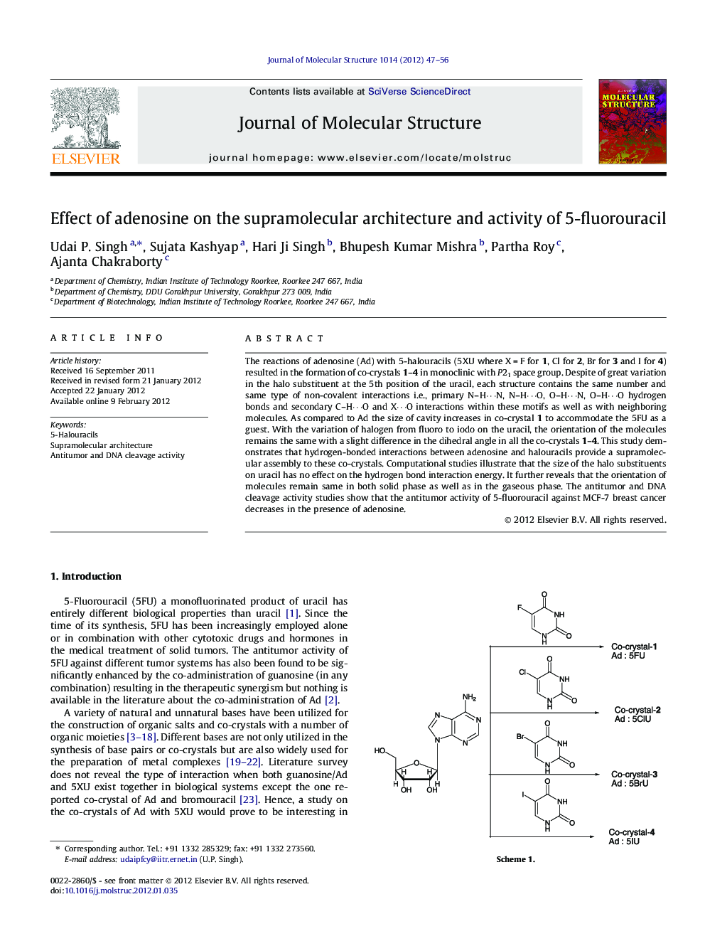 Effect of adenosine on the supramolecular architecture and activity of 5-fluorouracil