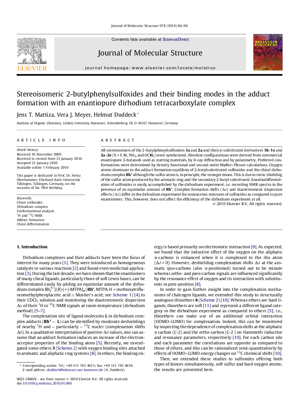 Stereoisomeric 2-butylphenylsulfoxides and their binding modes in the adduct formation with an enantiopure dirhodium tetracarboxylate complex