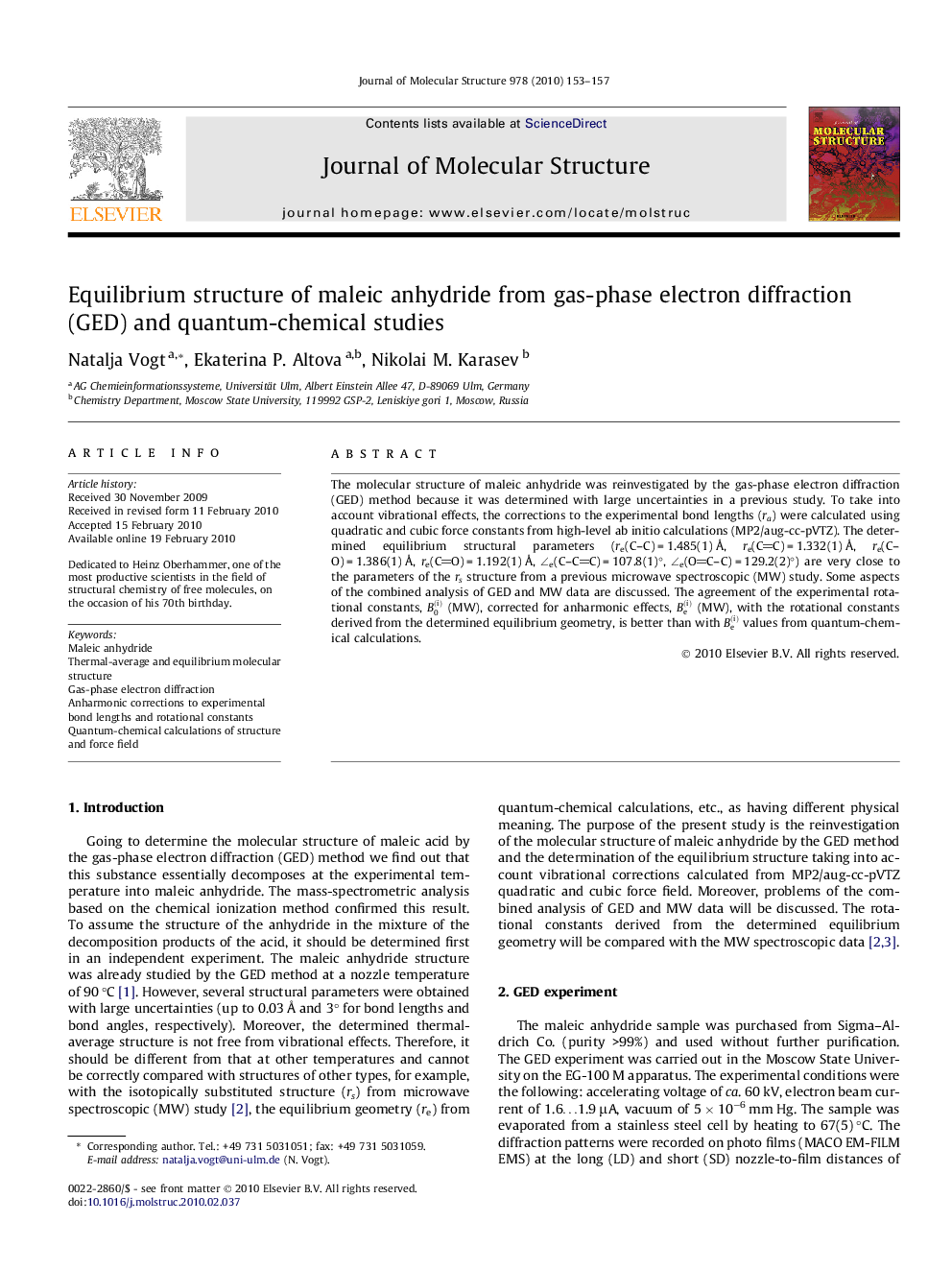 Equilibrium structure of maleic anhydride from gas-phase electron diffraction (GED) and quantum-chemical studies